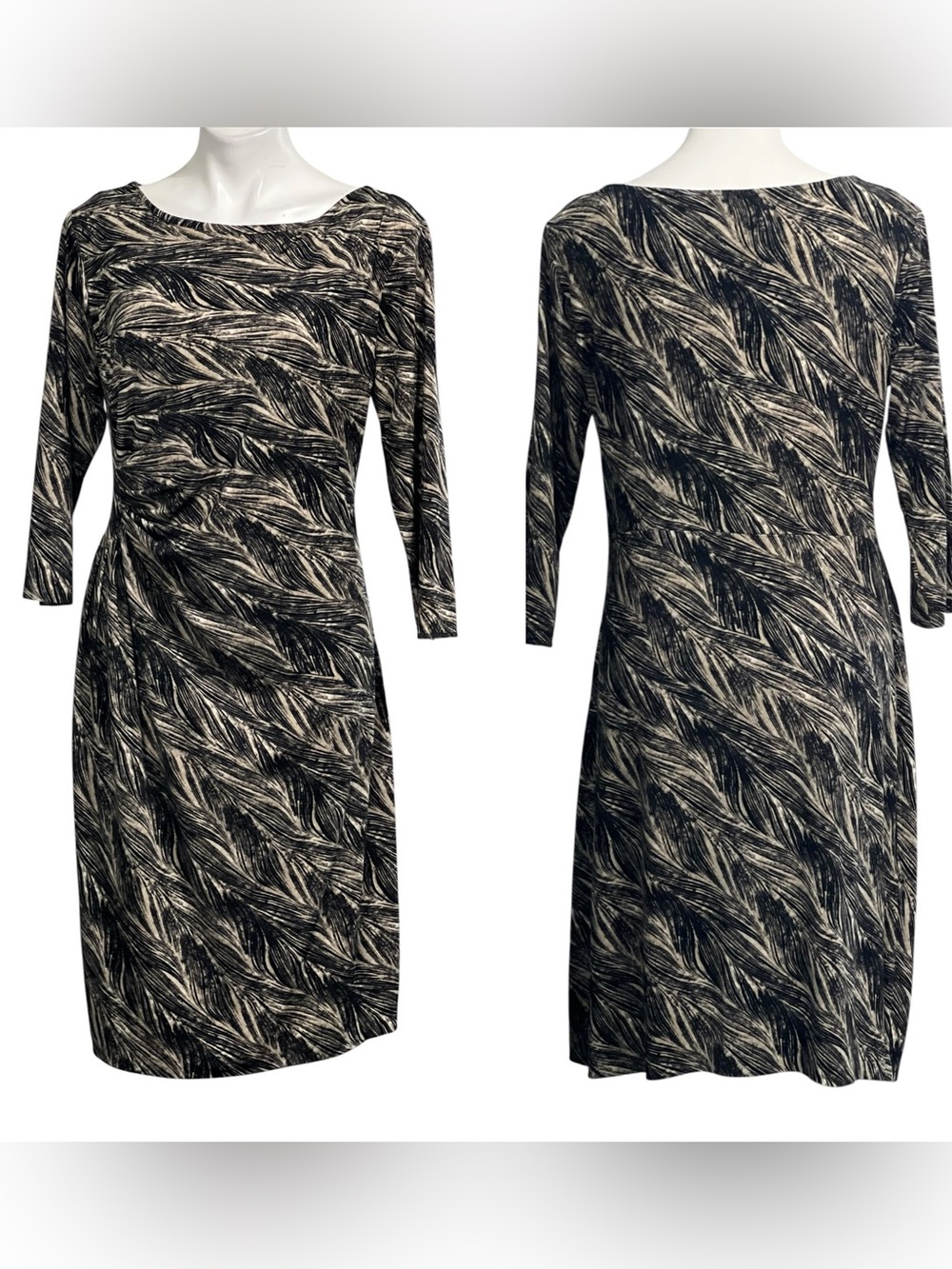 Anne Klein dress XL/16 brown/cream‎ 3/4-Sleeve Boatneck faux wrap office church